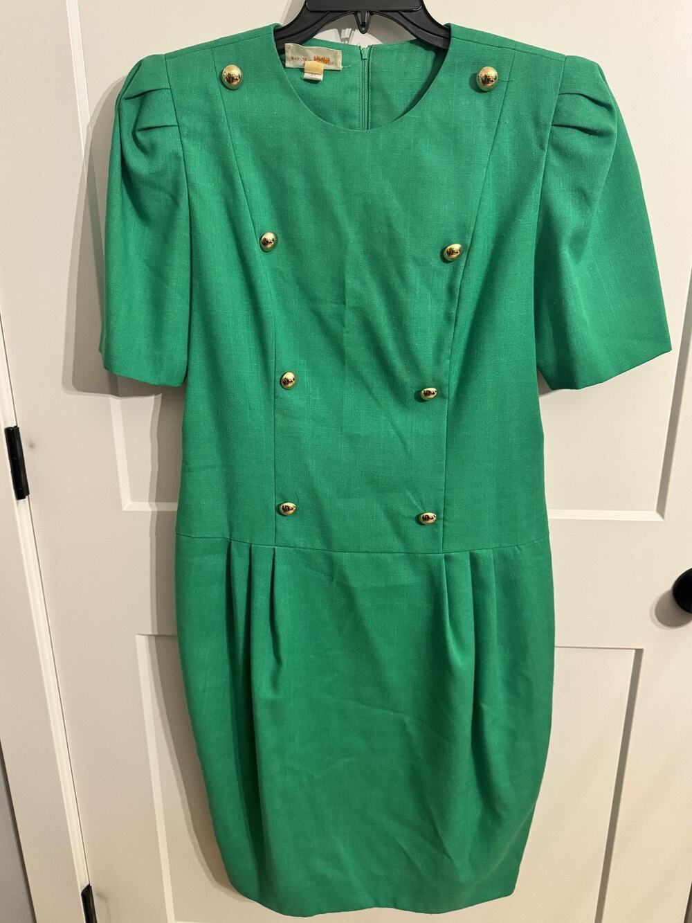 Vintage David Warren Dress 12 Green Puff Sleeve Sheath 80s USA Old Money Office